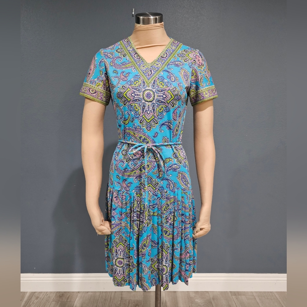 Vintage BETTY HARTFORD Blue Paisley Fit Flare Pleated Hem Dress S/M